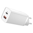Baseus GaN2 Lite 65 W USB-C + USB-A síťová nabíječka, bílá (EU)