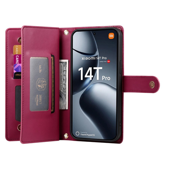 Klopové pouzdro pro Xiaomi 14T Pro, Wallet Zipper Pocket, červené