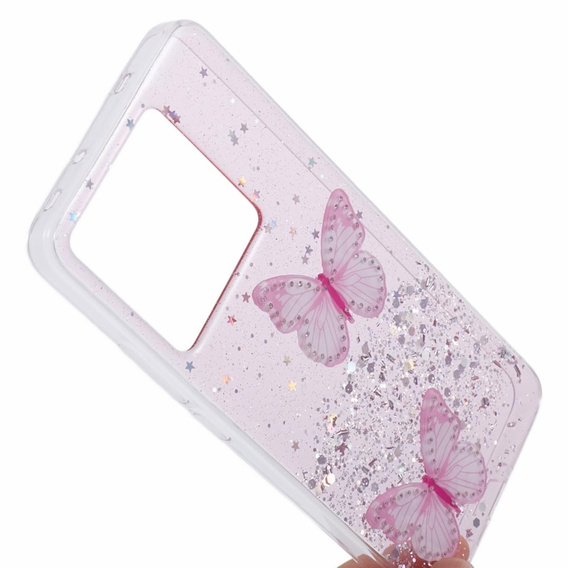 Pouzdro pro Xiaomi 13T / 13T Pro / Redmi K60 Ultra, Glitter Butterfly, růžové