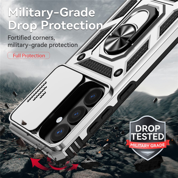 Pevné pouzdro s podstavcem a krytem objektivu pro Samsung Galaxy S26, stříbrné