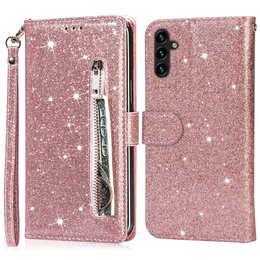 Klopové pouzdro pro Samsung Galaxy A56 5G, Wallet Zipper Pocket Glittery, růžové rose gold