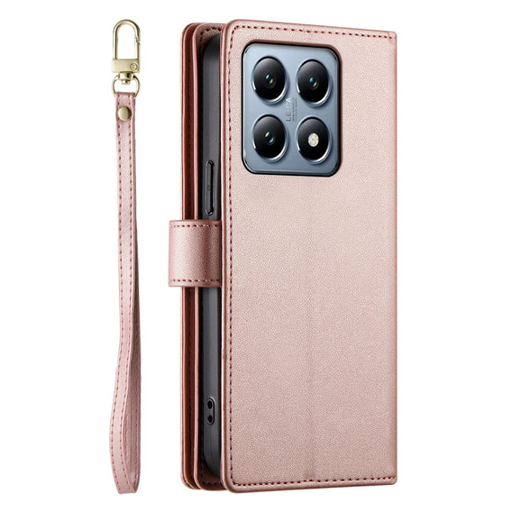 Klopové pouzdro pro Xiaomi 14T Pro, Wallet Zipper Pocket, růžové