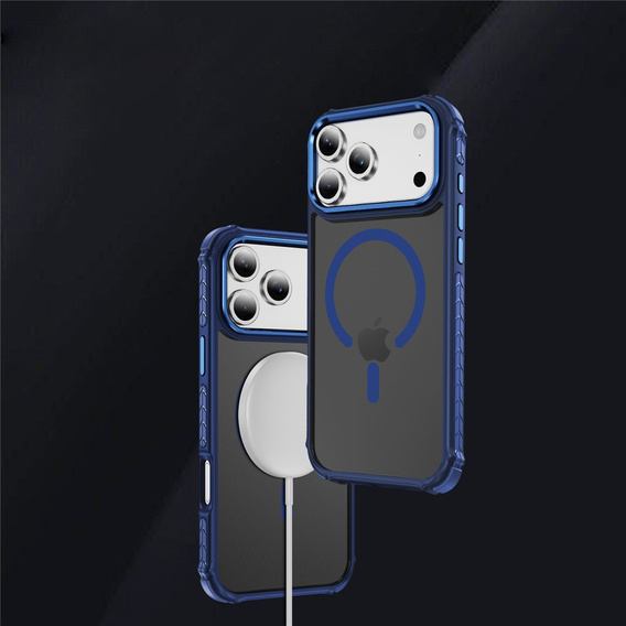 Matné pouzdro pro iPhone 17 Pro Max, pancéřované, pro MagSafe, kouřové s modrými boky