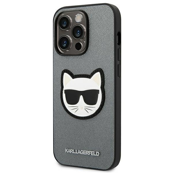 Pouzdro Karl Lagerfeld pro iPhone 14 Pro Max, Saffiano Choupette Head Patch, stříbrné