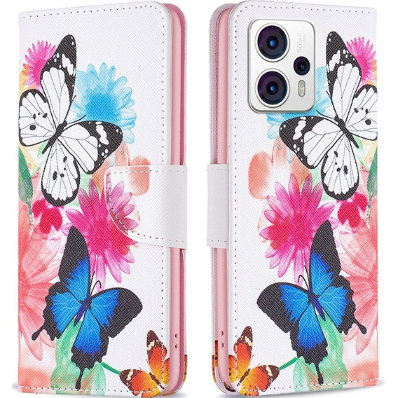 Klopové pouzdro pro Motorola Moto G53 5G / G23 / G13, Wallet, butterfly, bílé