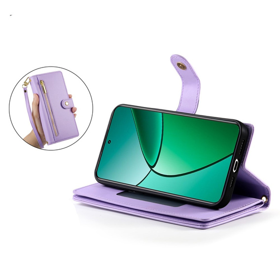 Klopové pouzdro pro Realme 14 Pro 5G, Wallet Zipper Pocket, fialové