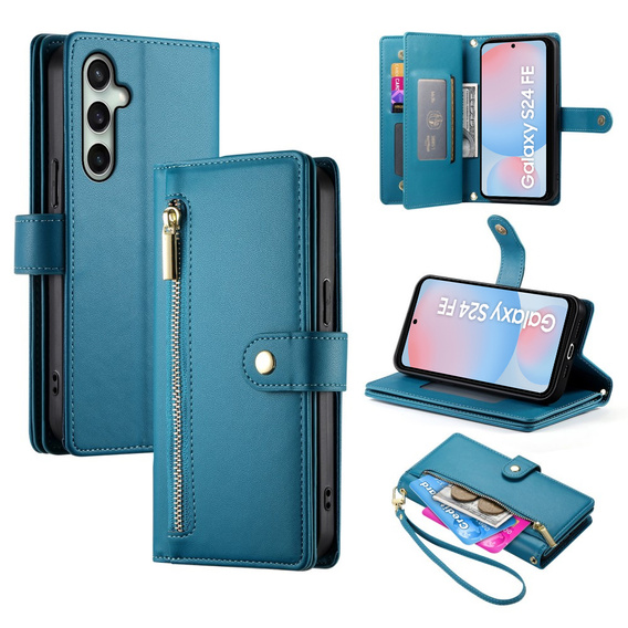 Klopové pouzdro pro Samsung Galaxy S24 FE, Wallet Zipper Pocket, modré