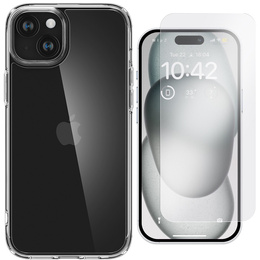 Pouzdro Spigen pro iPhone 15, Ultra Hybrid, průhledné + 9H tvrzené sklo