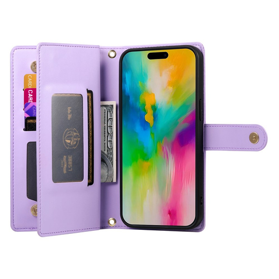 Klopové pouzdro pro iPhone 16 Pro, Wallet Zipper Pocket, fialové