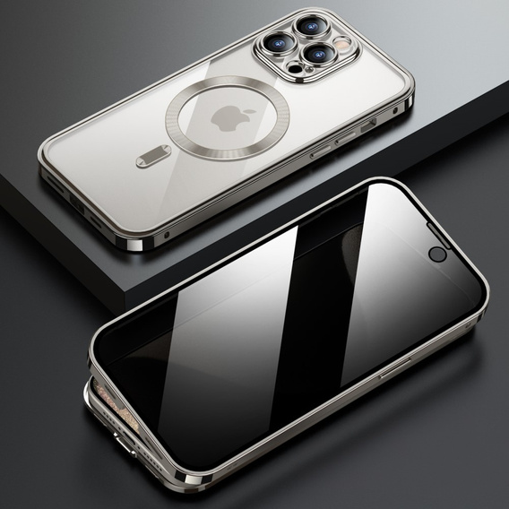 Pouzdro pro iPhone 15 Pro Max, Privacy Dual Glass, pro MagSafe, stříbrné
