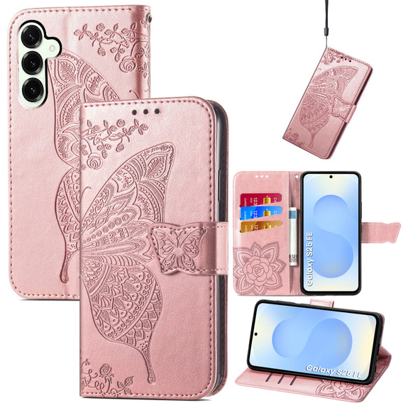 Klopové pouzdro pro Samsung Galaxy S25 FE, Butterfly, růžové rose gold