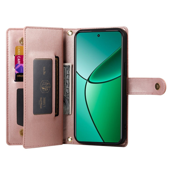 Klopové pouzdro pro Oppo Reno 13F 5G, Wallet Zipper Pocket, růžové