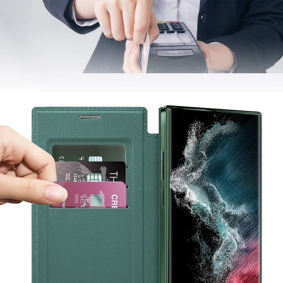 Klopové pouzdro pro Samsung Galaxy S22 Ultra 5G, RFID Wallet MagSafe CamShield, zelené