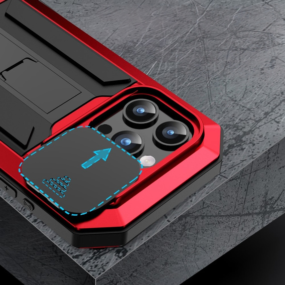 Pouzdro pro iPhone 15 Pro Max, R-JUST CamShield Slide, pancéřované, červené / černé