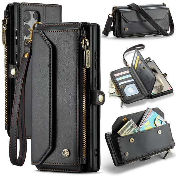 Pouzdro CASEME pro Samsung Galaxy S25 Ultra, RFID Leather Wallet, s popruhem přes rameno, černé