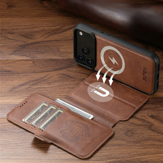 Flipové pouzdro 2 v 1 pro iPhone 17 Pro, SUTENI, pro MagSafe, hnědé