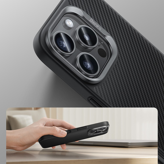 Pouzdro BENKS Kevlar pro iPhone 16 Pro Max, pro MagSafe, Carbon Fiber, černé