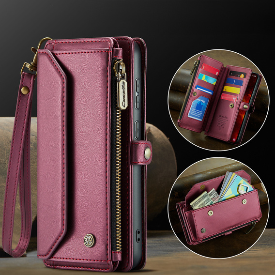 Pouzdro CASEME pro Samsung Galaxy S25 FE, RFID Leather Wallet, s popruhem přes rameno, červené