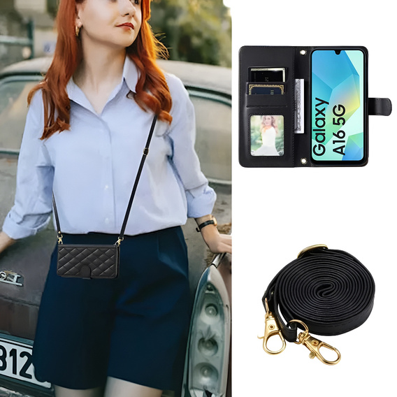 Pouzdro s klopou pro Samsung Galaxy A16, Rhombus Crossbody Leather, černé