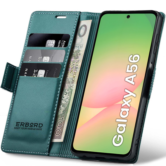 Pouzdro pro Samsung Galaxy A56, ERBORD Glossy Litchi, flipová peněženka, zelené