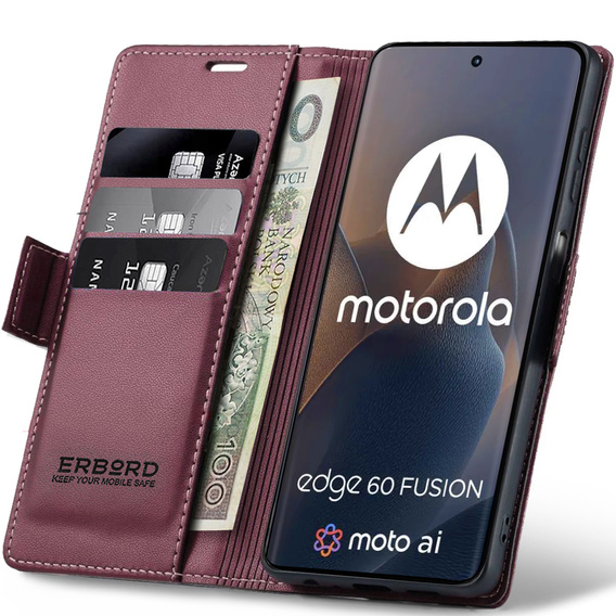Pouzdro pro Motorola Edge 60 / 60 Fusion, ERBORD Glossy Litchi, flipová peněženka, červené