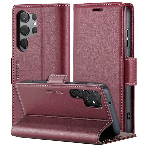 Pouzdro pro Samsung Galaxy S24 Ultra, ERBORD Glossy Litchi, flipová peněženka, červené