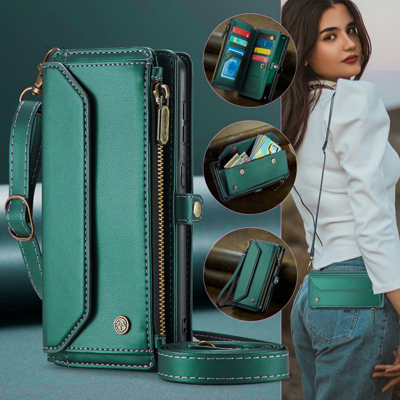 Pouzdro CASEME pro Samsung Galaxy S24 FE, RFID Leather Wallet, s popruhem přes rameno, zelené