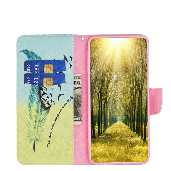Klopové pouzdro pro Samsung Galaxy S23 FE, Wallet, Feather modré / žluté