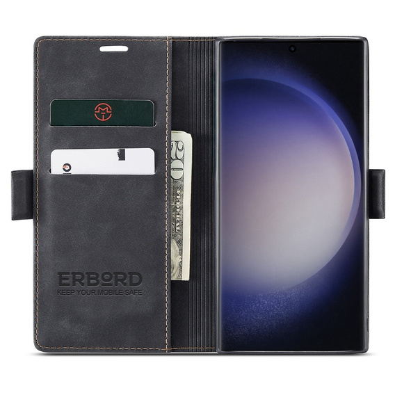 Pouzdro pro Samsung Galaxy S23 Ultra, ERBORD Vintage peněženka s klopou, černé