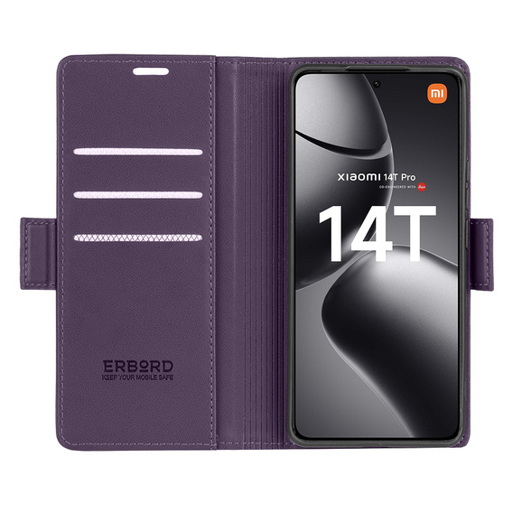 Pouzdro pro Xiaomi 14T Pro, ERBORD Glossy Litchi, flipová peněženka, fialové
