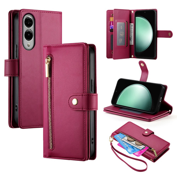 Klopové pouzdro pro Samsung Galaxy S25 Edge, Wallet Zipper Pocket, červené