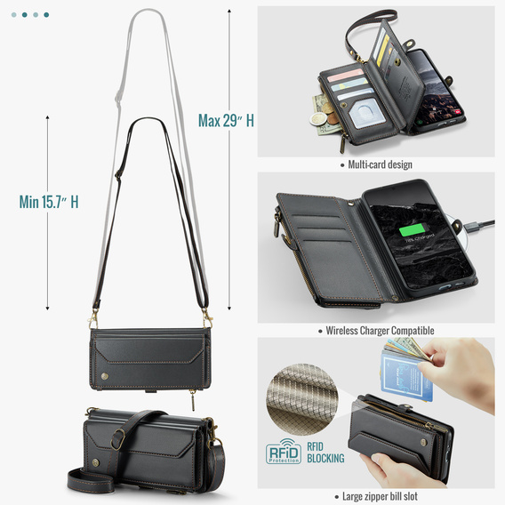 Pouzdro CASEME pro Samsung Galaxy S25 FE, RFID Leather Wallet, s popruhem přes rameno, černé