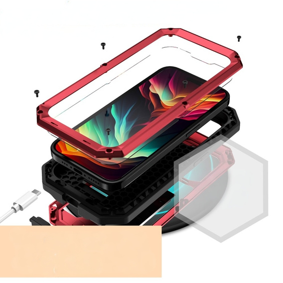 Pouzdro pro iPhone 15 Pro Max, R-JUST CamShield Slide, pancéřované, červené / černé