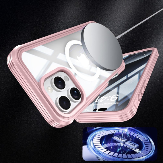 Pouzdro pro iPhone 16 Pro, Shockproof, se sklem, pro MagSafe, růžové