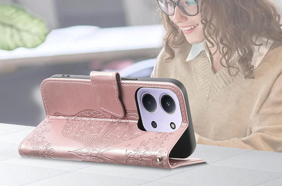 Klopové pouzdro pro Xiaomi Redmi 15C 4G/LTE, Butterfly, růžové rose gold