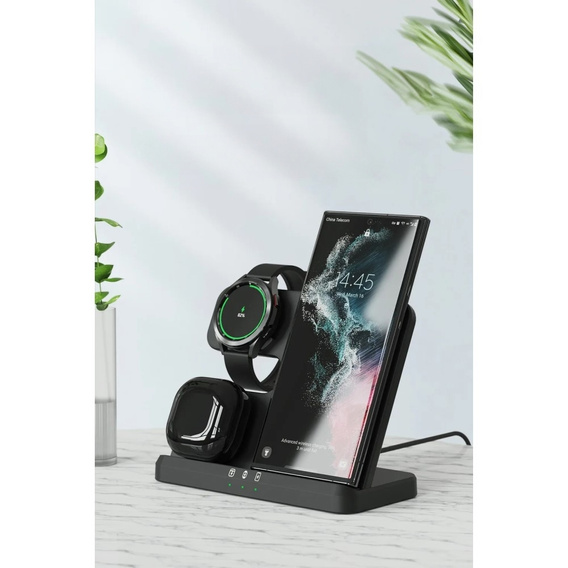 Bezdrátová indukční nabíječka 3v1 QI rychlá pro Samsung S25 S24 S23 Galaxy Watch Buds stanice černá