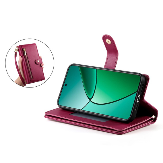 Klopové pouzdro pro Realme 14 Pro 5G, Wallet Zipper Pocket, červené
