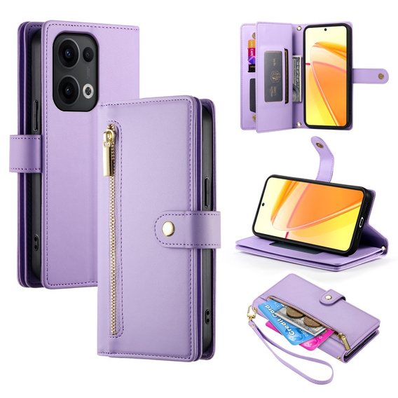 Klopové pouzdro pro Oppo Reno 13 5G, Wallet Zipper Pocket, fialové