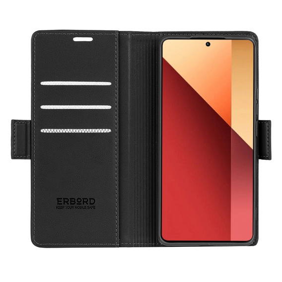 Pouzdro pro Xiaomi Redmi Note 13 Pro 4G / Xiaomi Redmi Note 14S / Xiaomi Poco M6 Pro 4G, ERBORD Glossy Litchi, flipová peněženka, černé