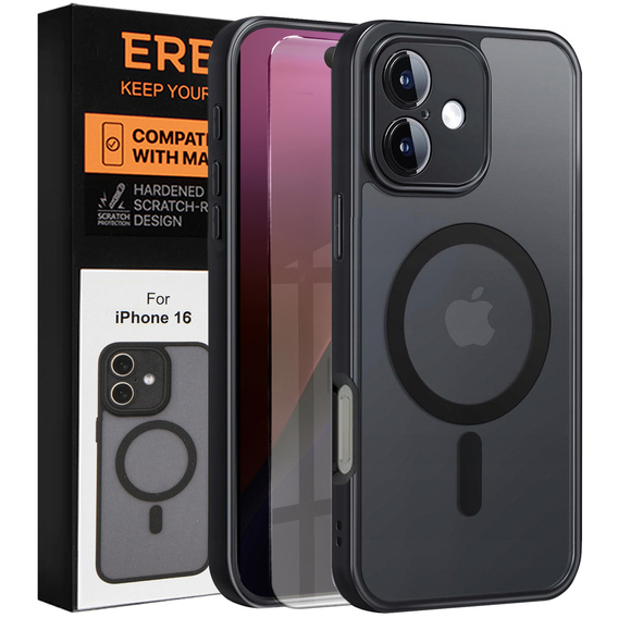 Pouzdro pro iPhone 16, pro MagSafe, ERBORD Matt Case, černý + sklo na displej