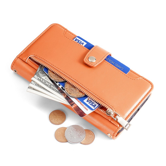 Klopové pouzdro pro Oppo Reno8 T 4G, Wallet Zipper Pocket, oranžové