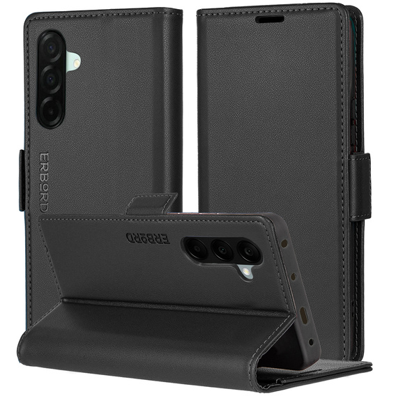 Pouzdro pro Samsung Galaxy A26, ERBORD Glossy Litchi, flipová peněženka, černé