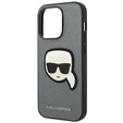 Pouzdro Karl Lagerfeld pro iPhone 14 Pro Max, Saffiano Karl's Head Patch, stříbrné