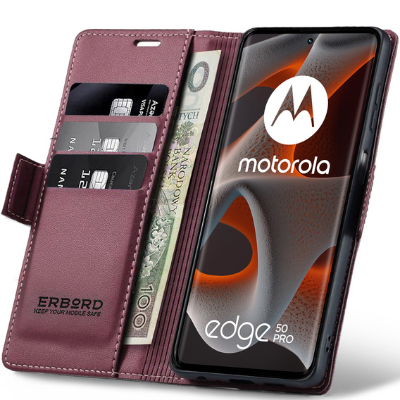 Pouzdro pro Motorola Edge 50 Pro, ERBORD Glossy Litchi, flipová peněženka, červené