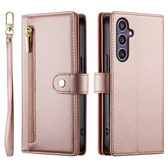 Klopové pouzdro pro Samsung Galaxy S25, Wallet Zipper Pocket, růžové