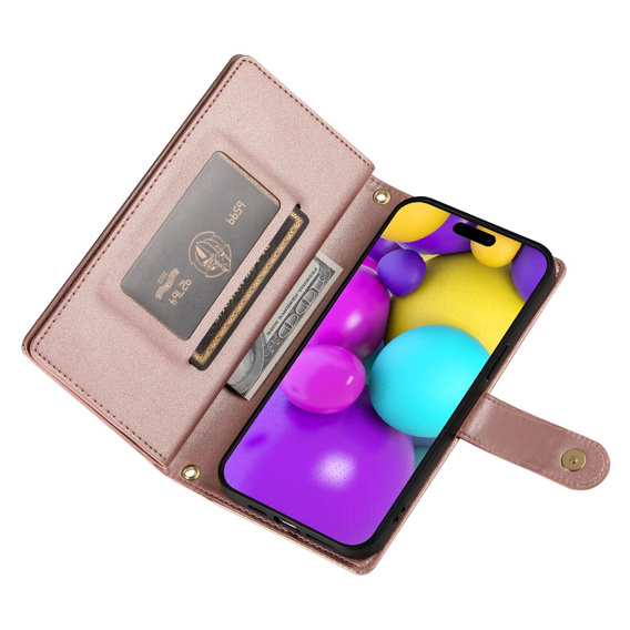 Klopové pouzdro pro iPhone 16 Plus, Wallet Zipper Pocket, růžové