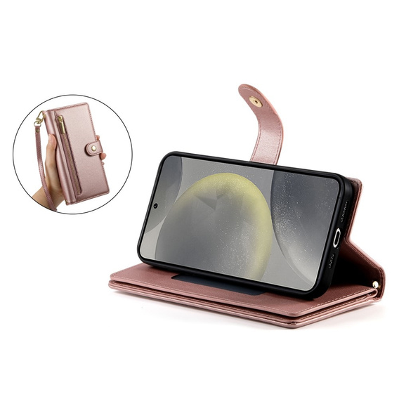 Klopové pouzdro pro Samsung Galaxy S25, Wallet Zipper Pocket, růžové