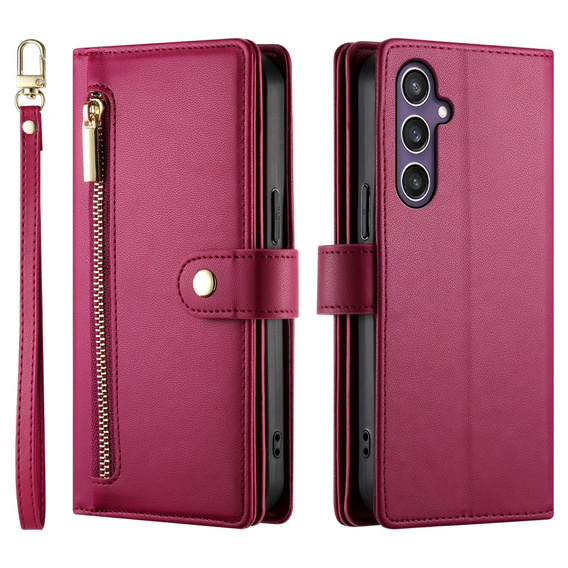 Klopové pouzdro pro Samsung Galaxy S25, Wallet Zipper Pocket, červené