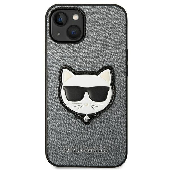 Pouzdro Karl Lagerfeld pro iPhone 14, Saffiano Choupette Head Patch, stříbrné