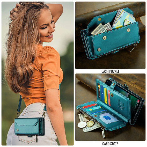 Pouzdro CASEME pro Samsung Galaxy S25 FE, RFID Leather Wallet, s popruhem přes rameno, zelené